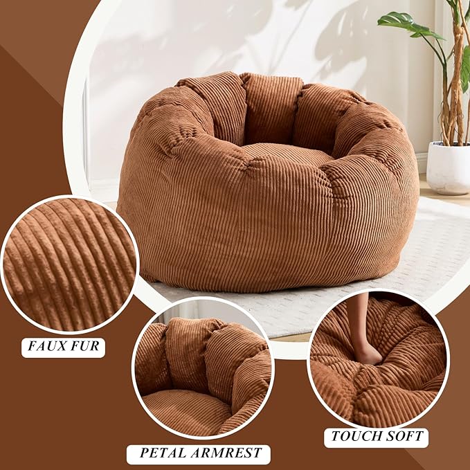 LukeAlon Corduroy Bean Bag Chair with Filler & Petal Armrest - Fluffy Floor Sofa Chair for Adults, 44"×44"×26" - Cozy Seating for Bedroom, Living Room, Game Room (Brown)