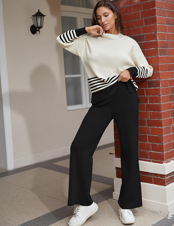 Tanming Women's Lounge Sets 2 Piece Outfits Knitted Pullover Sweater Tops Wide Leg Pants Tracksuit