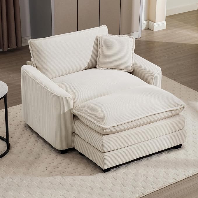 Aoowow Corduroy Large Armchair with Ottoman,Tufted Indoor Chaise Lounge Chair,Oversized Single Sofa Chairs with Footrest,Single Seat Cloud Sofas Couches for Living Room (Beige, Sofa Chair + Ottoman)