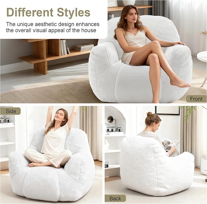 Bean Bag Chair, Bean Bag Couch for Adults Kids, Comfy Flower-Shaped Chair with Filler Armrests Stuffed High-Density Foam Stuffed Sofa Lounge Floor Sofa for Bedroom,Gaming, Reading, White