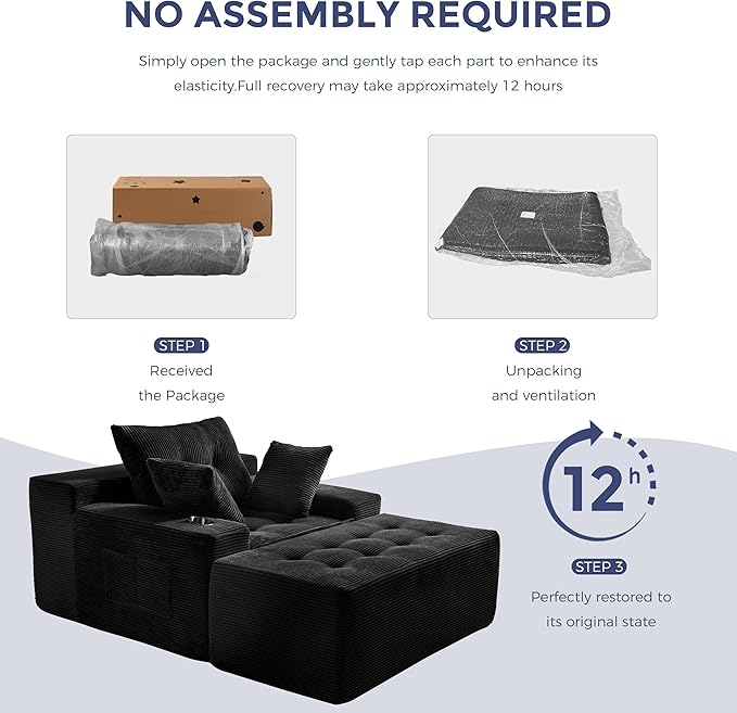 MAXYOYO Oversized Chaise Lounge Sofa, Upholstered Lounge Chair with 3 Pillows Indoor, Tufted Boneless Sofa Couch with Ottoman, Deep Seat Sleeper Chair for Living Room, Bedroom, No Assembly, Black
