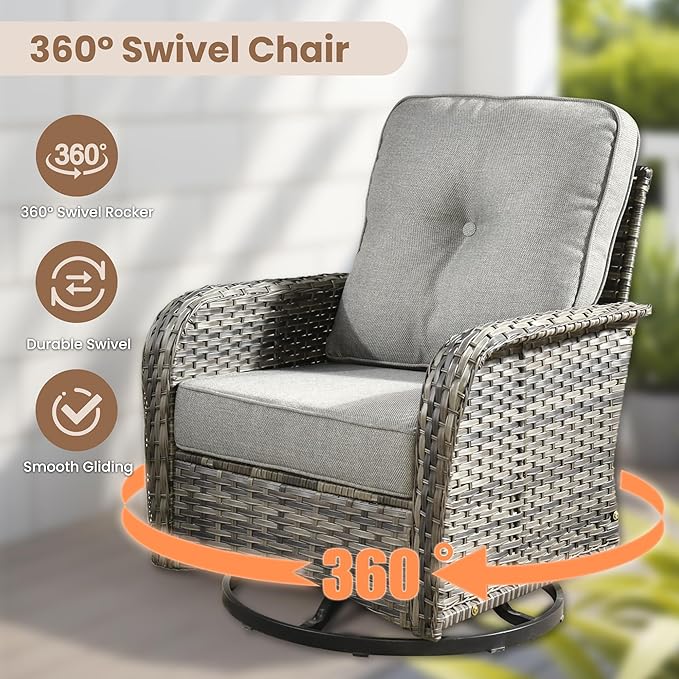 HOOOWOOO Patio Furniture Set,3 Pieces Outdoor Conversation Set,All Weather Wicker High Back Swivel Chairs Bistro Set with Side Table,Dark Gray