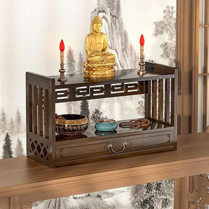 Low 3-Tier Meditation Table with Drawer,Bamboo Altar Tables,Puja Desks,Tatami Desk,20.4”W,Walnut Color