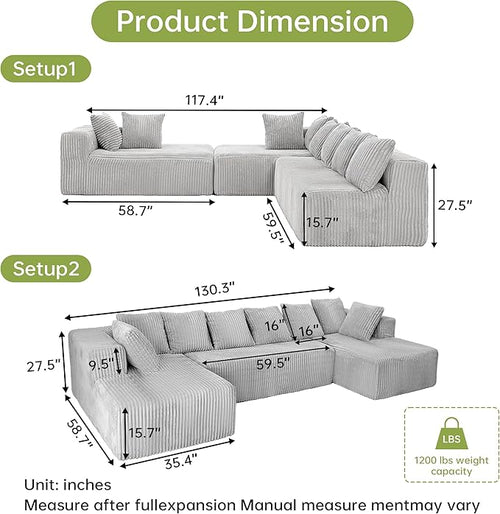 130" Boneless Couch, Cloud Couch Sectional, Corduroy Sofa for Living Room, U Shaped Modular Sofa with Chaise, No Assembly, 4 Seats Oversized (Grey)