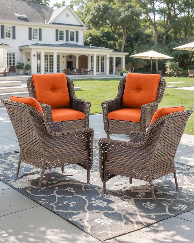 ACTREST Patio Wicker Chairs Outdoor Furniture Chair - Set of 4 Outside All Weather Lawn Dining Brown Rattan Armchair with High Back&Deep Seating for Deck Porch Balcony Backyard Garden - Orange