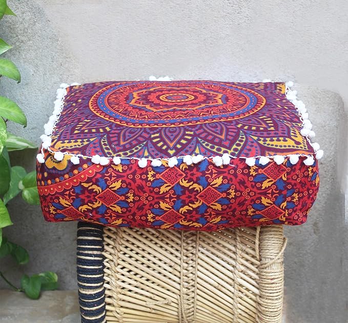 CRAFT KALA Large Hippie Mandala Meditation Floor Ottoman Pillow Cushion Pouf Cover Square Poufs Bohemian Circle Floor Cushion Case Outdoor Fireplace Yoga Living Room Decor Cover New Orange, 16" Square