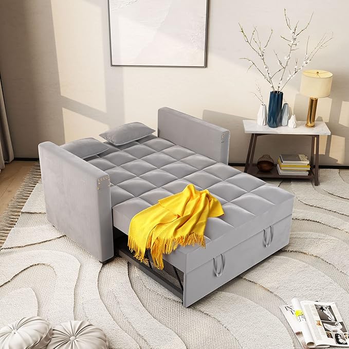 ORRD Convertible Sofa Bed,3-in-1 Multi-Functional Velvet Sleeper Couch Pull-Out 48'' Loveseat Bed Chaise Lounge with Adjustable Backrest and Pillows,Hidden Side Table for Living Room,Small Space Grey