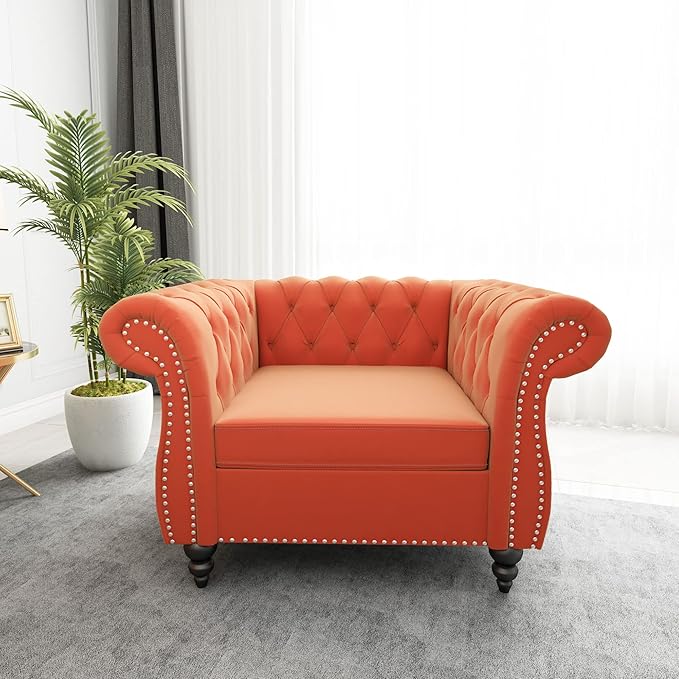 QHITTY Accent Chair, Chesterfield Chair Modern Velvet Upholstered Chairs with Tufted Back for Living Room Furniture (Orange)