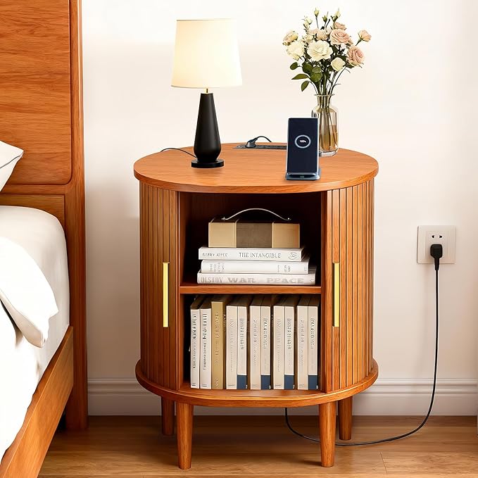 DHH Mid Century Modern Nightstand Set of 2 with Charging Station,Fluted Accent Side Table with Sliding Door & Adjustable Shelf,End Table for Small Space, Living Room, Bedroom,Sofa Couch,Yellow Walnut