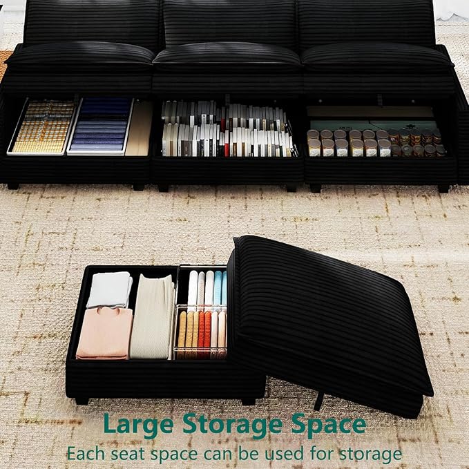 Modular Sectional L Shaped Sofa Couches with Storage Ottoman, Cloud Couch for Living Room, Comfy Sofa with Pillow, Dark Black