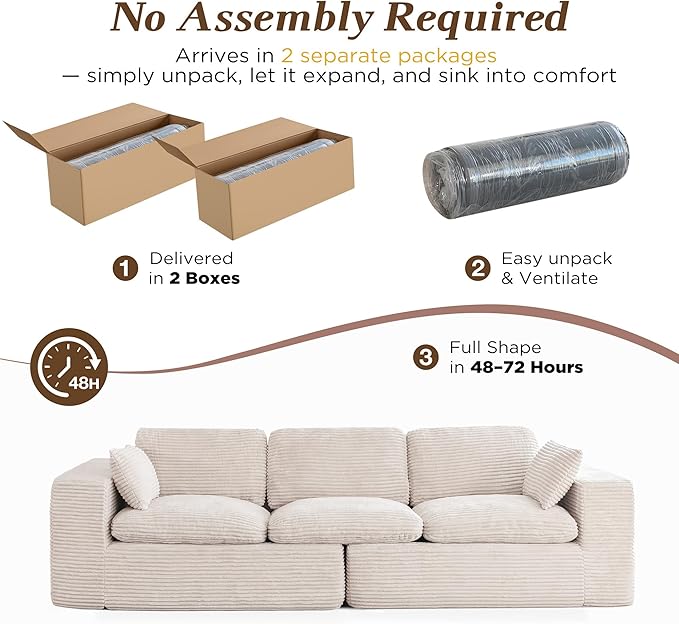 Esright 110" Oversized Sofa for Living Room, Cloud Boneless Couch with Fluffy Seat Cushions, 3 Seater Upholstered Floor Sofa, No Assembly Required, Beige