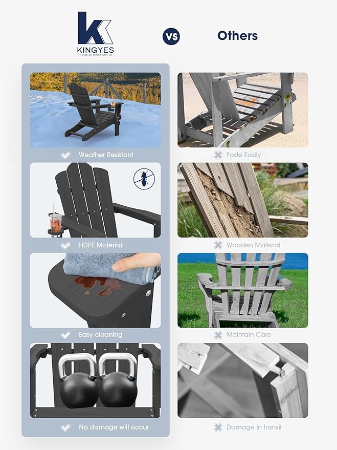 KINGYES Folding Adirondack Chair Set of 6, HDPE All-Weather Patio Chairs with Cup Holder, Wooden Textured Fire Pit Chairs for Poolside, Backyard, Deck, Grey