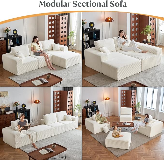 MODNEST 108" Modular Sectional Sofa Cloud Couch with Deep Seats, L Shape Couch with Movable Ottoman and Chaise, Sectional Couches for Living Room, Boneless Couches No Assembly Required, Beige