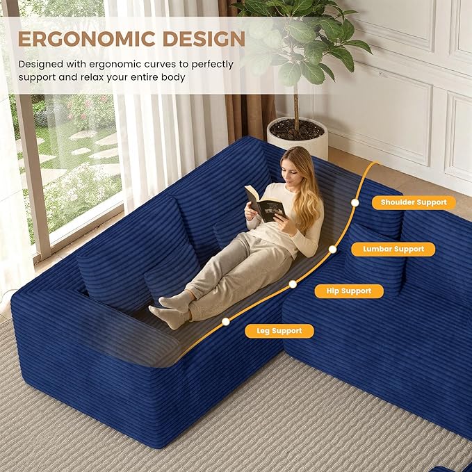 136'' Large Sectional Cloud Couches with Chaise, U Shaped Boneless Loveseat Sofa, No Assembly Required Deep Seat Modular Lounge for Living Room 3PCS Set, Bedroom(Blue)