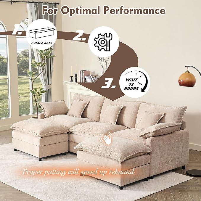 GOSUHI 108" U Shaped Couch, Modular Sectional Sofa, 3-Seater Comfy Cloud Couch with Movable Ottoman, Deep Seat Couches for Living Room, Chenille, Flat White