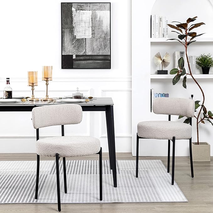 DYHOME Light Grey Boucle Dining Chairs Set of 2, Mid Century Modern Upholstered Kitchen Chairs with Curved Backrest and Black Metal Legs