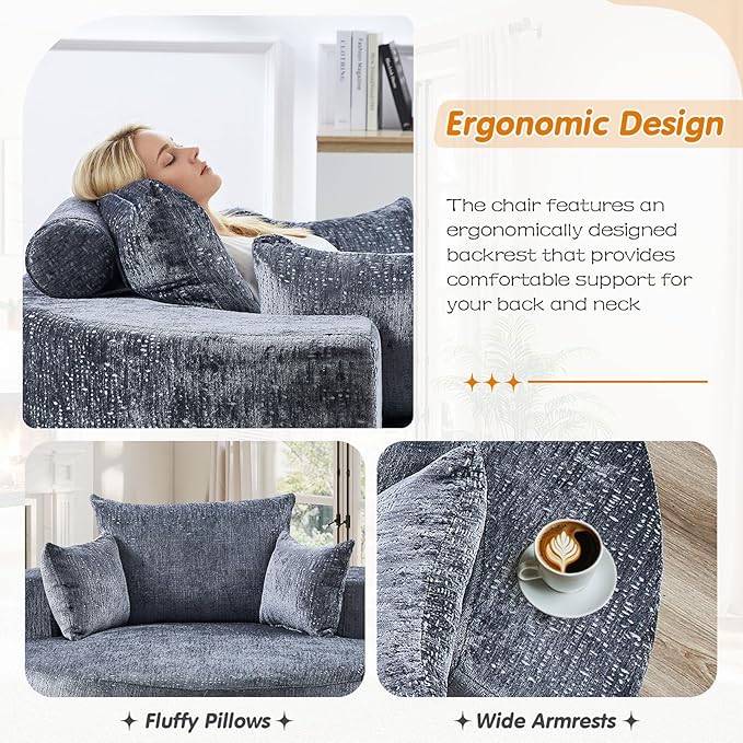 55"W Oversized Round Chair Lounge Chaise Indoor, Upholstered Comfy Circle Sofa Armchair, Modern Cozy Boneless Foam Floor Reading Chair for Living Room, Bedroom, No Assembly Required(Chenille, Grey)