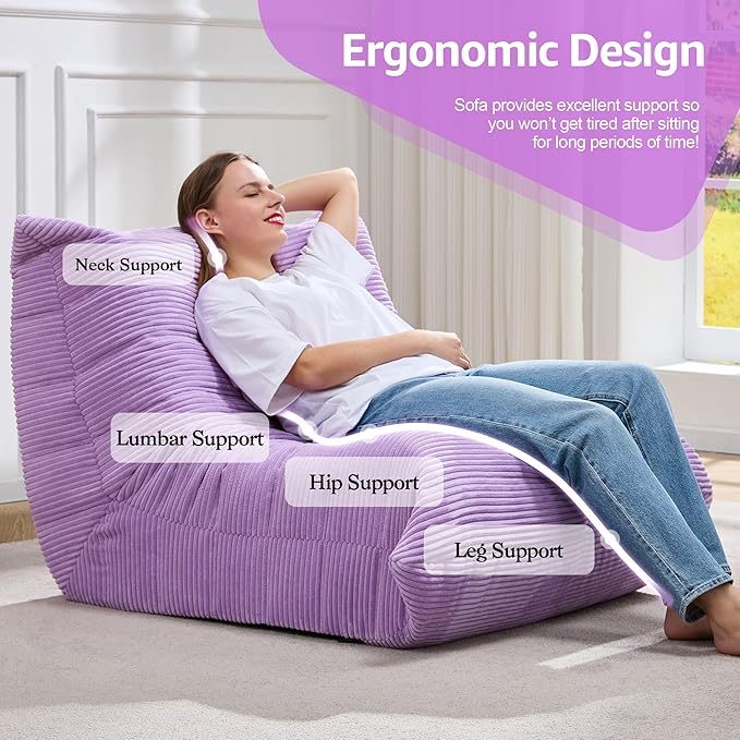Bean Bag Chairs for Adults Giant Bean Bag Chair Memory Foam BeanBag Chair Bean Bag Sofa with Filler Faux Fur Fireside Beanbags Lazy Sofa for Living Room Bedroom Office (Purple Corduroy, Single)
