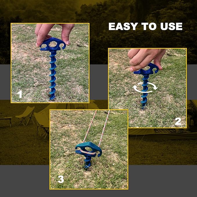 COBARYEN Tent Stakes Ground Anchors Screw in, 6 Pack Sand Stakes for Beach 9.4 Inch Heavy Duty Spiral Tent Pegs for Camping, Party, Hiking, Outdoor Decoration (6, Blue)