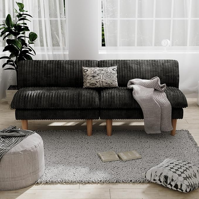 2 Sets 69" Futon Sofa Bed, 4 in 1 Multi-Function Couch Sleeper with Adjustable Backrest, Modern Convertible Futon, Recliner Small Loveseat for Living Room, Plush Dark Grey