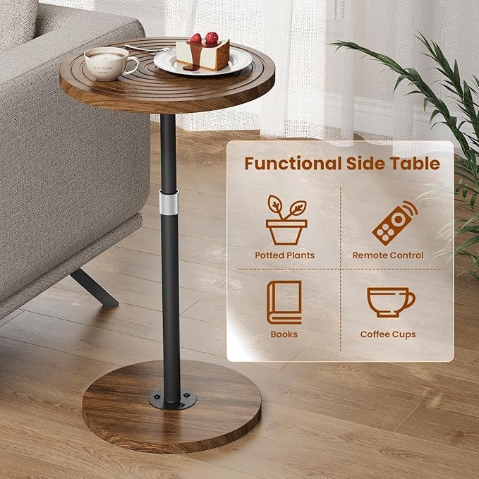 Asgolion Round Side Table, Adjustable-Height Small Drink Table, Pedestal Martini Stand, Weighted Base Cocktail Table Accent Nightstand for Living Room, Bedroom, Bathroom, Office, Walnut
