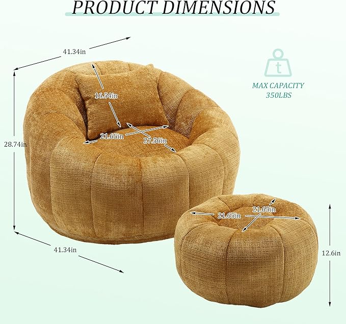HOMEFLEX Modern Bean Bag Chair for Adults, Comfy Reading Nook Seating with Pillow, Round Chairs with Ottoman, Leisure Single Sofa, Ideal for Living Room, Bedroom, Apartment (Yellow)