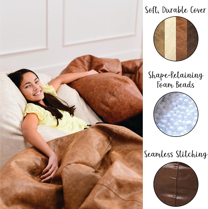 Factory Direct Partners 35" Rustic Western Bean Bag Chair; Distressed Faux Leather, Low to Ground for Reading, Playing Video Games and Relaxing; Flex Seating for Home and School - Pecan, 10478-321