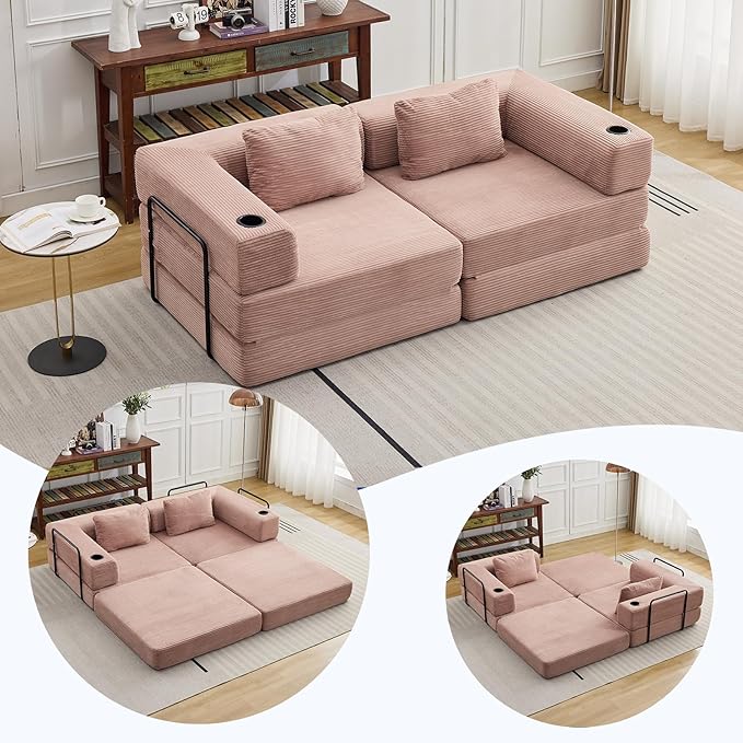 78" Loveseat Sleeper Sofa, 4 in 1 Convertible Floor Sofa Bed, Boneless Cloud Couch with Cup Holder, Fold Out Floor Couch for Living Room Bedroom Lounge, Corduroy, Pink