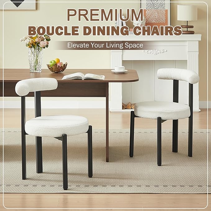 Kiztir Boucle Dining Chairs Set of 2, Modern Dining Room Chairs with Curved Backrest and Black Metal Legs, Upholstered Round Dining Accent Chairs for Kitchen, Living Room, Bedroom (Beige)