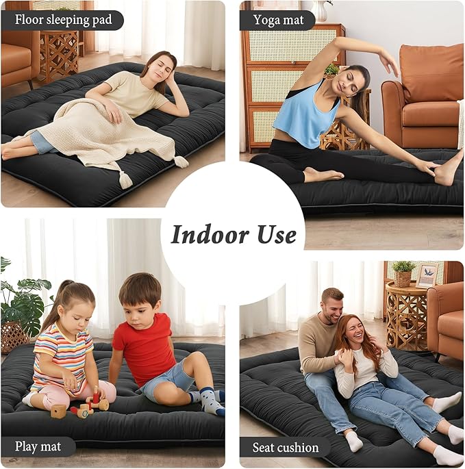 DAICO Japanese Floor Mattress, 4'' Thicken Futon Mattress Tatami Mat, Sleeping Pad Foldable Roll Up Mat for Camping and Guest Room, Full Size 54''*80'', Black