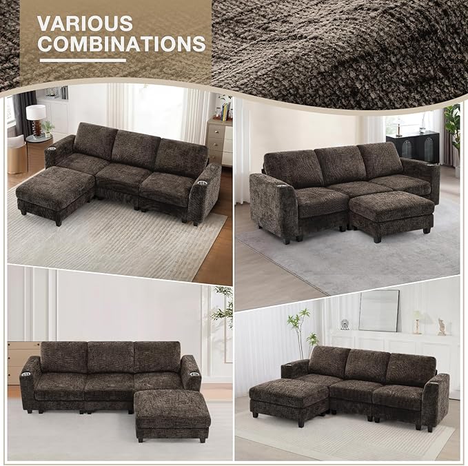 Lesofair 87" Convertible L-Shape Couch with Flexible Ottoman, Soft Sectional Sofa with 2 Built-in Cup Holders, Chenille 3 Seats Sofa with Well-Filled Back Cushions for Living Room, House, Brown