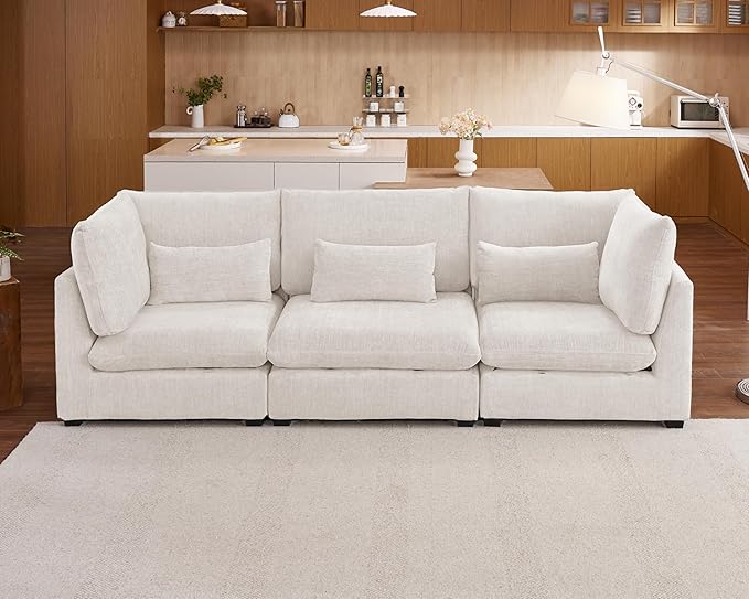 Oversized Modular Sofa, Extra Deep Cloud Chenille Sectional Couch with Ottoman Chaise, Fluffy Chenille 3 Seater Sofa for Living Room, Villa (Basic 3 Seater, Chenille White)