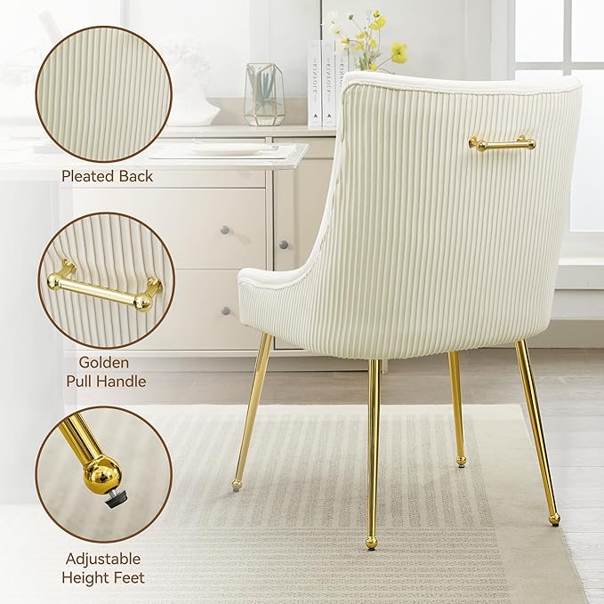 WUTUTUEE Velvet Dining Chairs Set of 4 Gold Legs,Upholstered Velvet Accent Chairs, Pleated Back Design & Gold Pull Handle, Mid Century Modern Chairs for Dining/Kitchen/Living Room,Beige