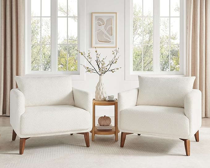 VANOMi Oversized Accent Chair, Set of 2, 37" Wide Boucle Armchair with Solid Wood Legs, Modern Accent Chair for Living Room Bedroom Office, Cozy Reading Chair, Easy Assembly, White