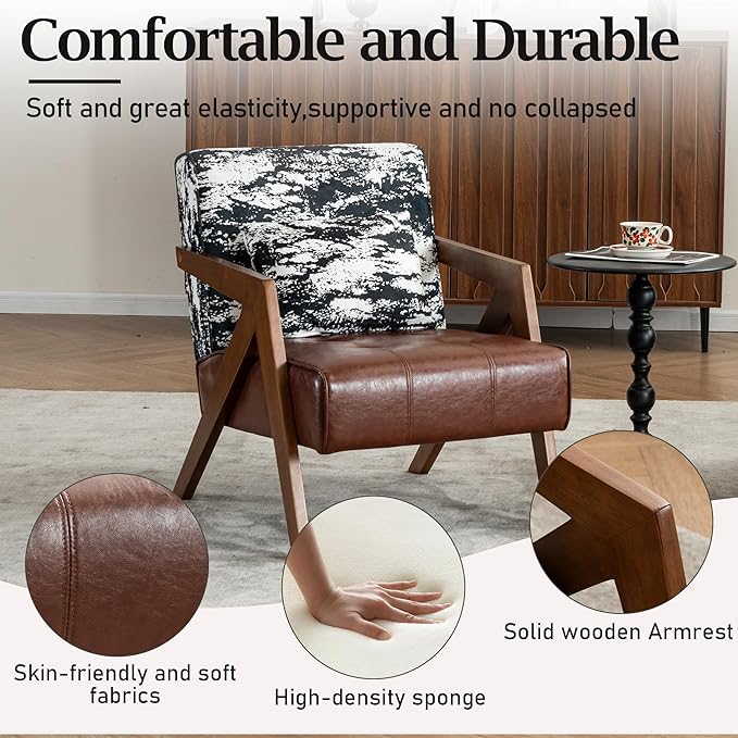 Mid-Century Modern Accent Chair with Solid Wood Frame，Upholstered Leather Living Room Arm Chairs with Pillow for Bedroom, Living Room, Balcony， Reading Room, Brown