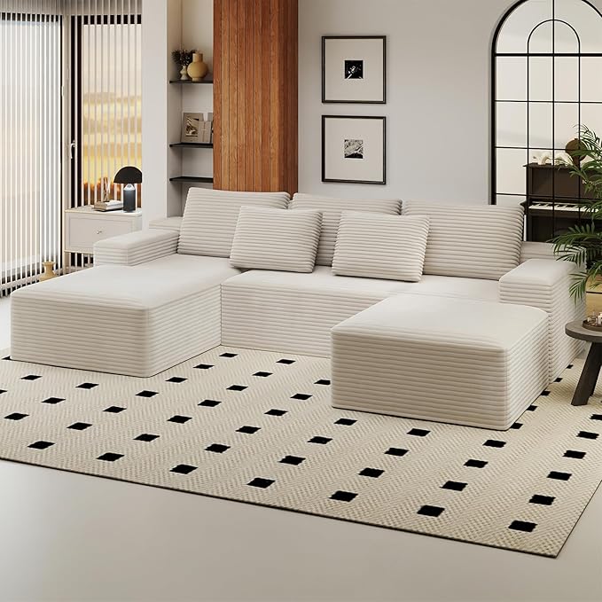 KAPEETOO U Shaped Boneless Sectional Couch with Chaise Ottoman, Giant Cloud Modular Sectional Sofa with Deep Seat, Oversize 3-Seater Boneless Couch for Living Room Bedroom Left Facing Chaise (White)