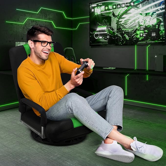 Swivel Gaming Chair 360 Degree Multipurpose Floor Chair w/Armrest & 6 Adjustable Postions Backrest for Adults & Kids, for Reading, Gaming, Watching, Relaxing, Green
