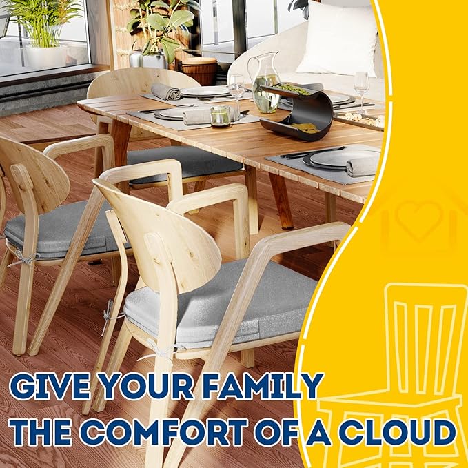 AAAAAcessories D-Shaped Chair Cushions, 2" Thick Dining Chair Pads with Ties and Removable, Machine-Washable Cover, 17" x 16", Set of 8, Light Gray