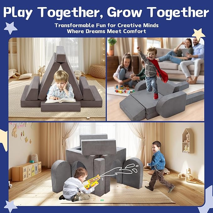 10pcs Modular Kids Play Couch, Toddler Sectional Sofa for Playroom Bedroom, Convertible Foam and Floor Cushion for Boys & Girls, Gray