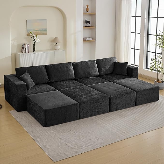 146'' Oversized Boneless Sofa Bed, 4 Seater Modular Sectional Couch with 4 Moveable Ottoman, No Asswmbly Chenille Compression Sofas with Chaise for Home House, Black