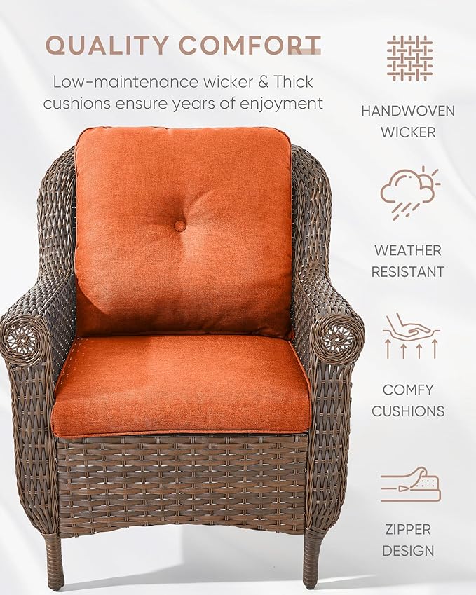 ACTREST Outdoor Patio Chairs with Fire Pit Table 5 Piece Set - High Back Brown Wicker Rattan Lawn Chair with Thick Cushion for Porch Apartment Deck Yard Poolside Garden - Orange