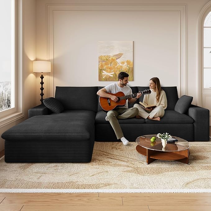 107 Inch Cloud Sectional Couch, Modern Modular Sectional Sofa with L-Shape Chaise, Corduroy Boneless Couches with Deep Seat for Living Room Bedroom, No Assembly Required (Black, Left Facing Chaise)