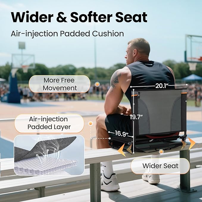 HIGH POINT SPORTS Folding Stadium Seat Bleacher Chair with Mesh Bag and Hide Hooks, 2 Pack Portable Stadium Chair with Back, Outdoor Comfort Chair, Black Grey
