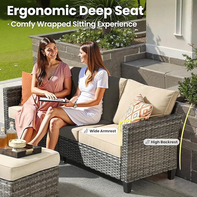 ovios 5 Pieces Patio Furniture Set, Outdoor Wicker Sofa Couch with Rocking Swivel Chairs Solar Lights Table, Modern Deep Seat Rattan Conversation Sets for Deck Porch, Beige