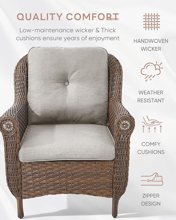 ACTREST Outdoor Patio Chairs with Fire Pit Table 5 Piece Set - High Back Brown Wicker Rattan Lawn Chair with Thick Cushion for Porch Apartment Deck Yard Poolside Garden - Beige