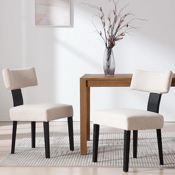 RIVOVA Linen Dining Chairs Set of 2 Modern Dining Chair with Black Wood Legs, Upholstered Dining Chairs for Dining Room, Kitchen, Vanity, Living Room, Beige