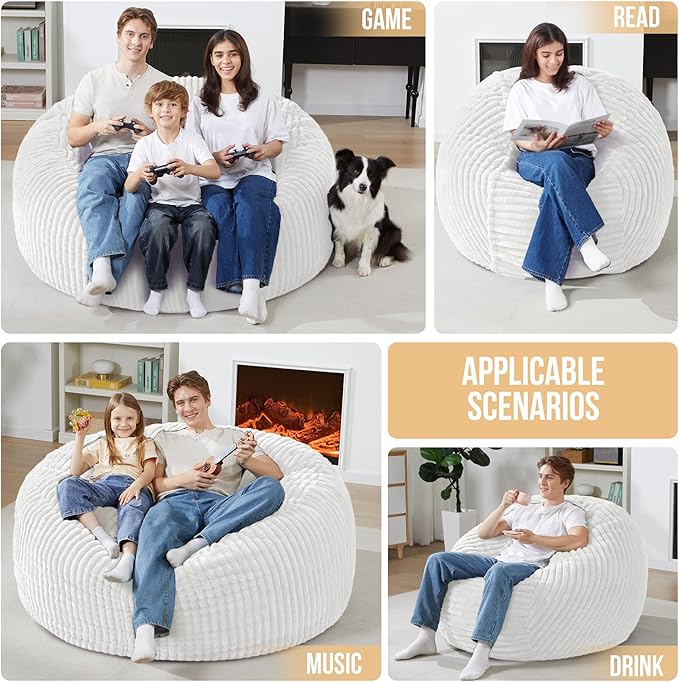 Homguava 3 FT Bean Bag Chair,3' Big Bean Bag,Large Bean Bag Chairs for Adults with Memory Foam Filled,Comfy Beanbag Chairs Soft Bean Bag Sofa with Dutch Corded Plush Cover-Beige