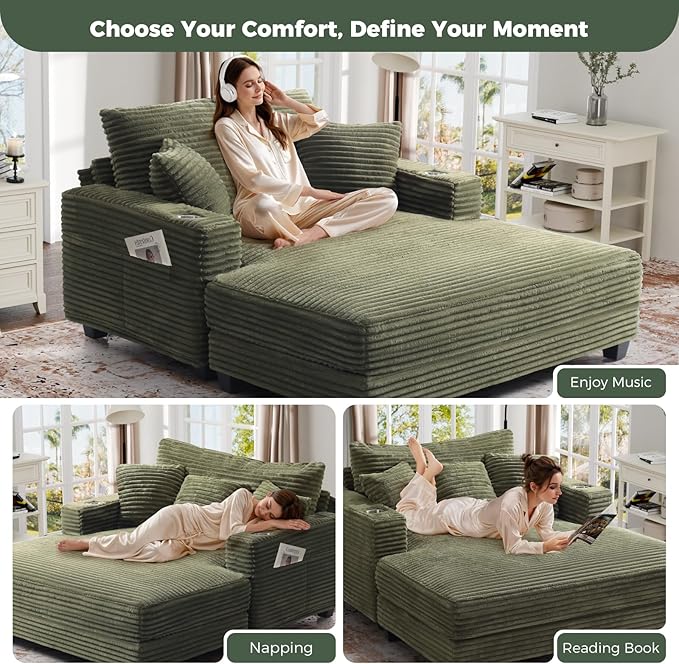 HUSFU Chaise Lounge Chair Indoor, 60'' Oversized Sleeper Sofa, Chaise Lounge Reading Chairs for w/Cup Holder and USB&Type C Port, Fluffy Plush Cloud Sofas Couches for Living Room,Set of 2,Green