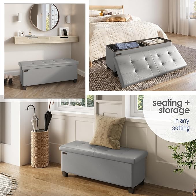 Storage Ottoman Bench with Bins, 43-in Storage Bench for Bedroom End of Bed, Folding Foot Rest Ottoman for Living Room Max 660lbs, Faux Leather Ottomans, Light Grey
