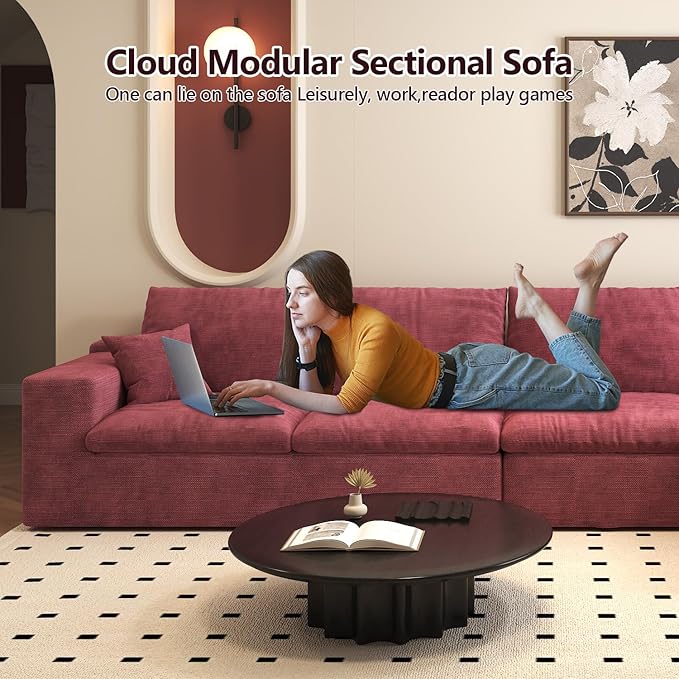 136.6'' U-Shaped Modern Modular Sectional Cloud Couch Whit Ottoman, 4-Seat Chenille Deep-Seat Sofa with Pillow for Living Room, Bedroom, Apartment, Wine Red